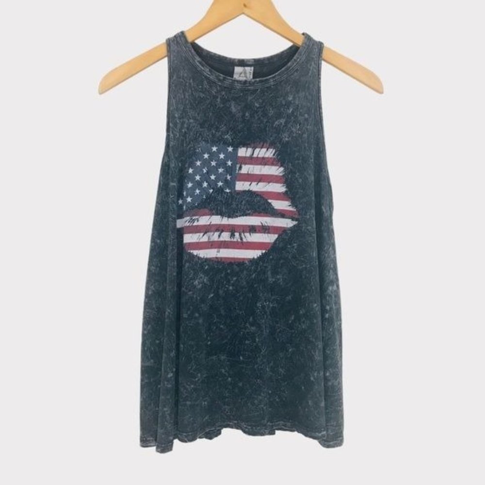 AMERICAN AGE Asymmetric American Flag Stars & Stripes Lips Tank Size Small